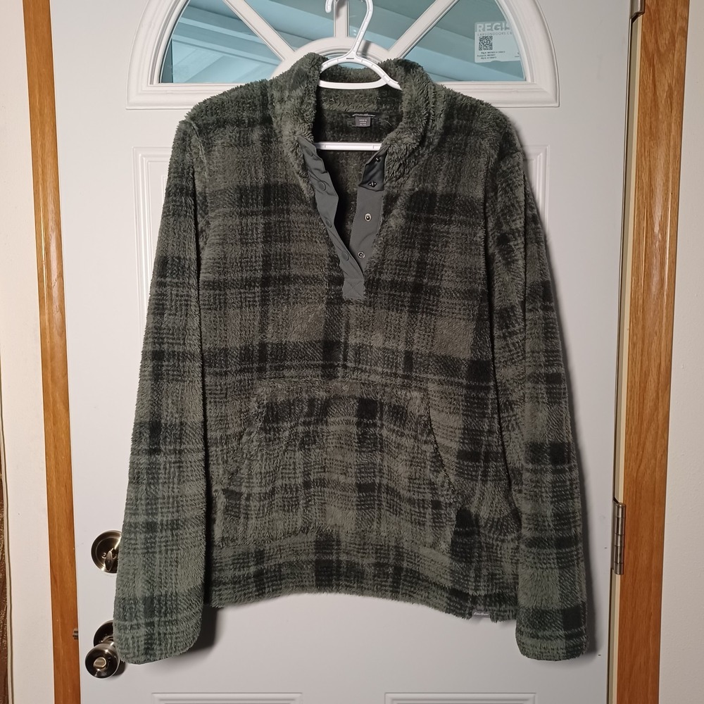 Eddie Bauer Olive Green Plaid Fleece Pullover Cozy Snapfront Mock Neck Men's XL
